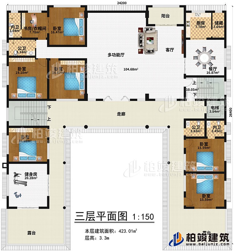 三层：健身房、6卧室、书房/衣帽间、2内卫、2公卫、多功能厅、客厅、阳台、餐厅、厨房、储藏、电梯、2露台